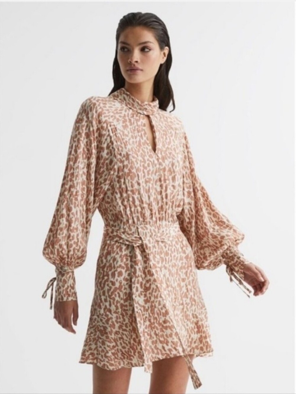 Reiss Teya Neutral Animal‎ Print Long Sleeve Mini Dress